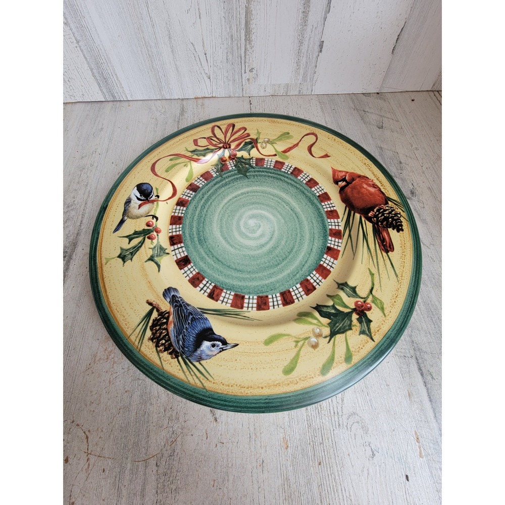 Lenox large bird winter greetings Xmas plate cardinal Mistletoe holly bow